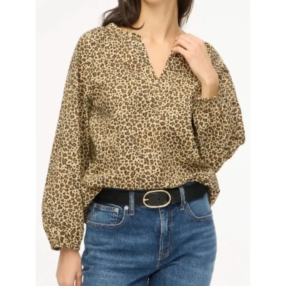 J Crew Animal Print Split Neck Blouse XS Brown Tan CI020 Shirt Top NWT Spring 25